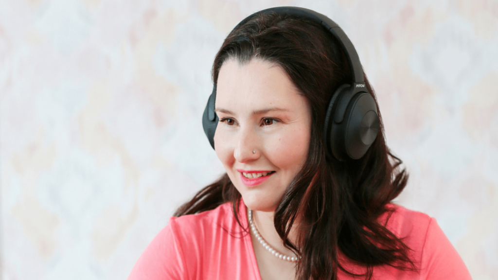 Anca recording her voice. E-commerce web developers benefit from using their voices.